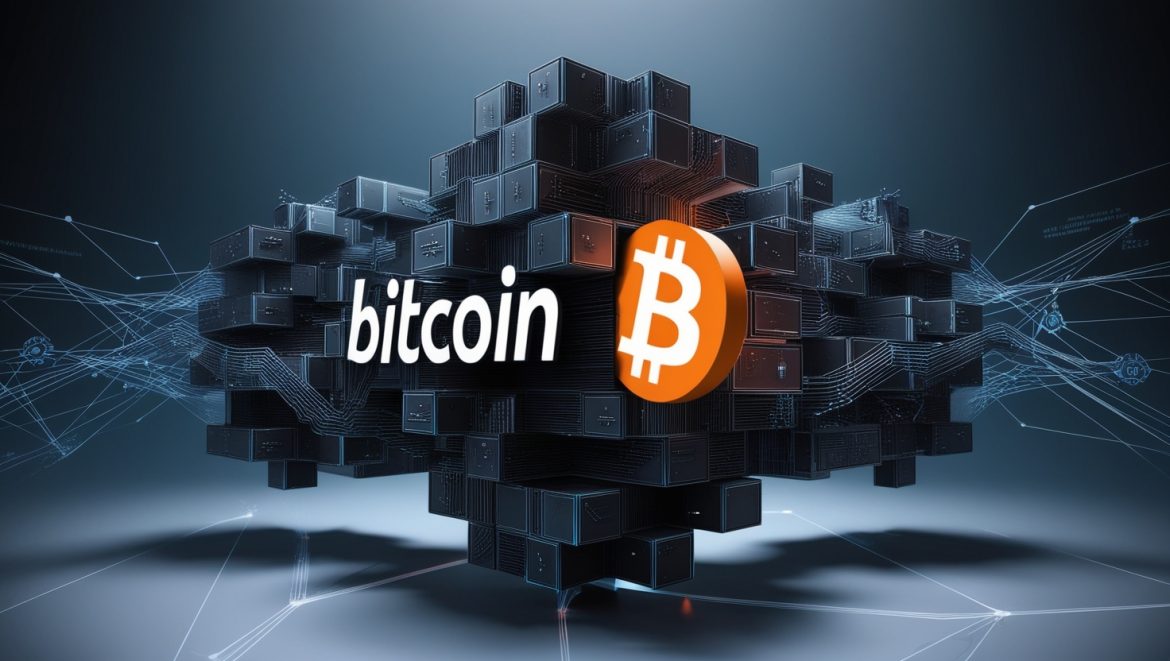 Схема работы блокчейна с логотипом Bitcoin