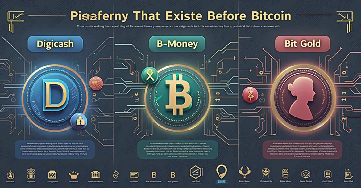 Инфографика, иллюстрирующая криптовалюты Digicash, B-Money и Bit Gold, существовавшие до Биткоина