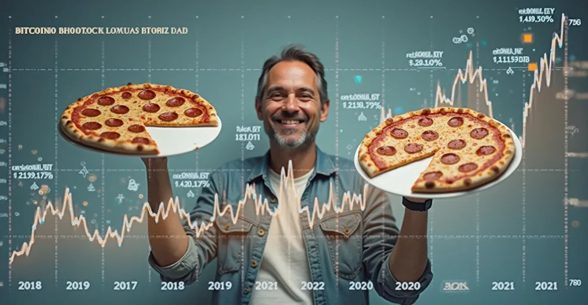 Ласло Хейниц с пиццами и график роста курса Биткоина с 2010 года.