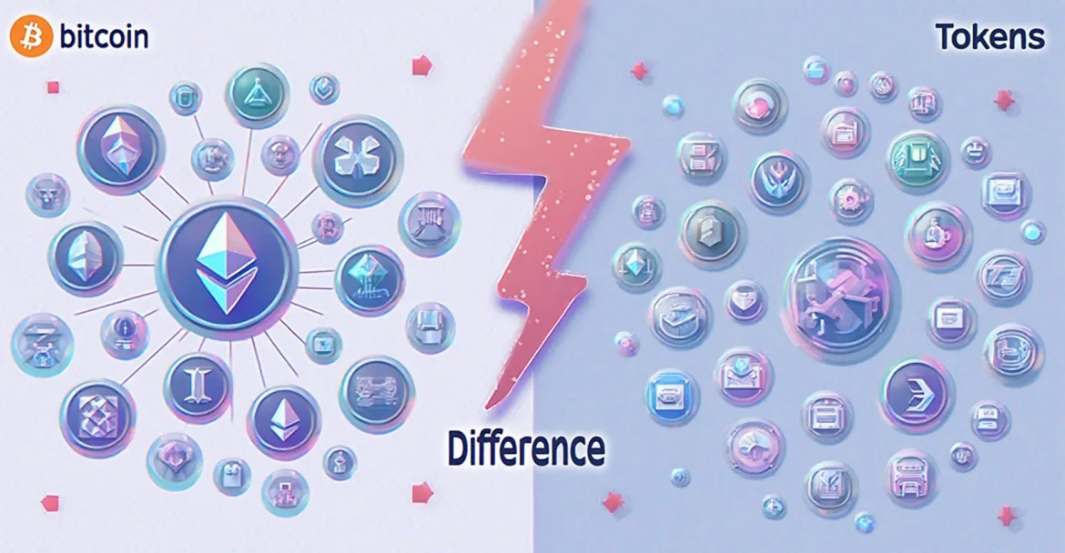 Различия между криптовалютами и токенами, изображение с иконками популярных криптовалют и токенов.
