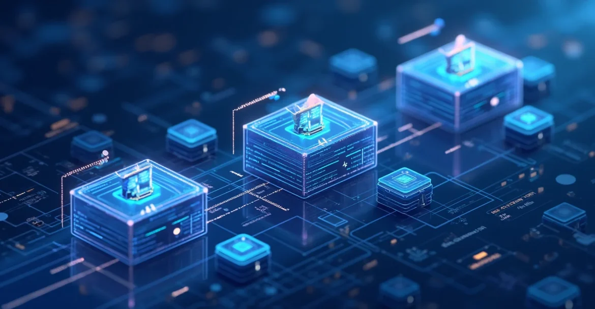 Схема блокчейна, показывающая цепочку блоков с данными транзакций