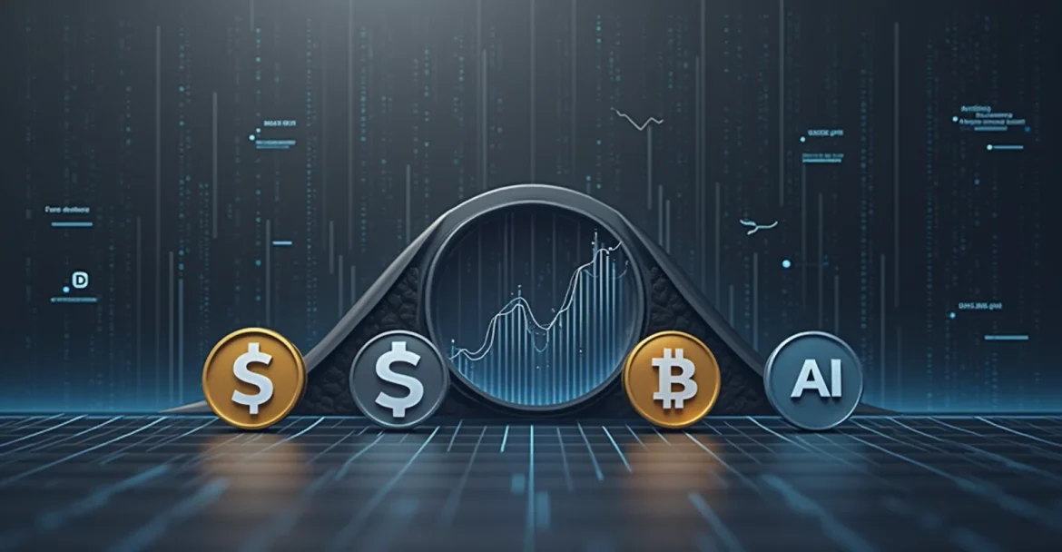 Визуализация стейблкоинов USDT, USDC и DAI на фоне графика стабильности цен.