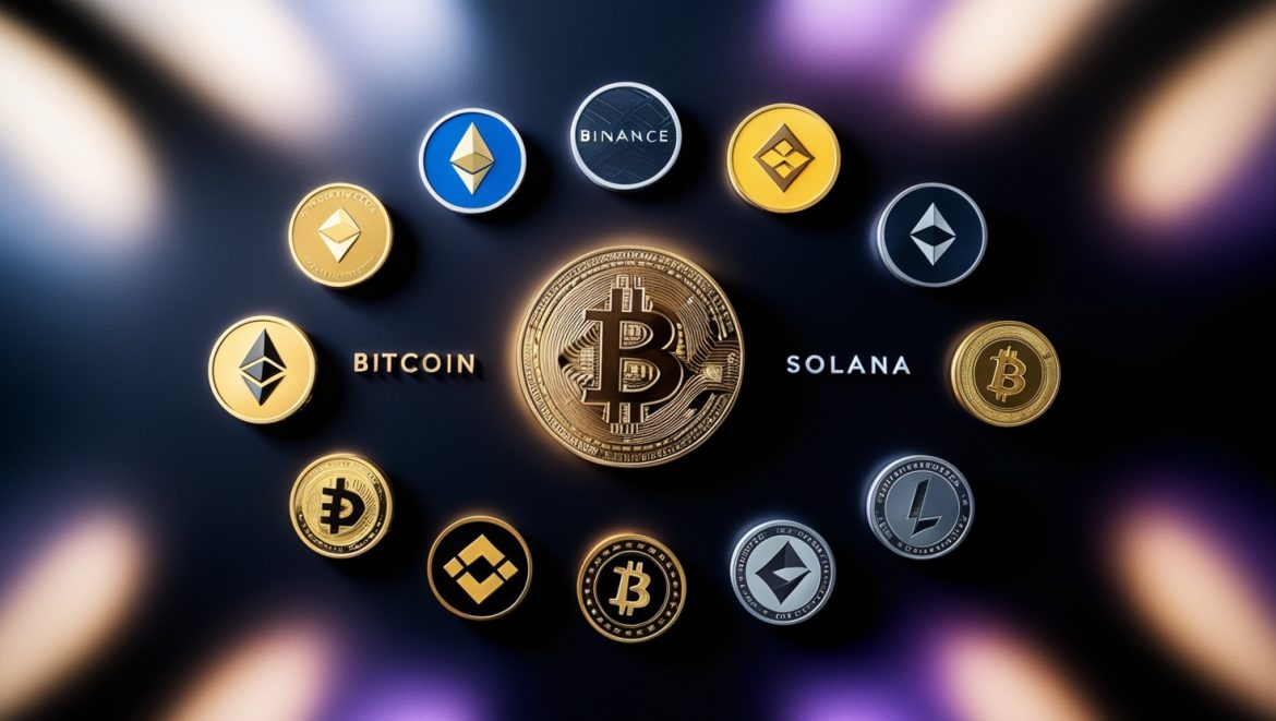 Топ-10 самых популярных криптовалют с их логотипами Bitcoin, Ethereum, Binance Coin, Cardano, Solana, Ripple, Polkadot, Dogecoin, Chainlink, Litecoin