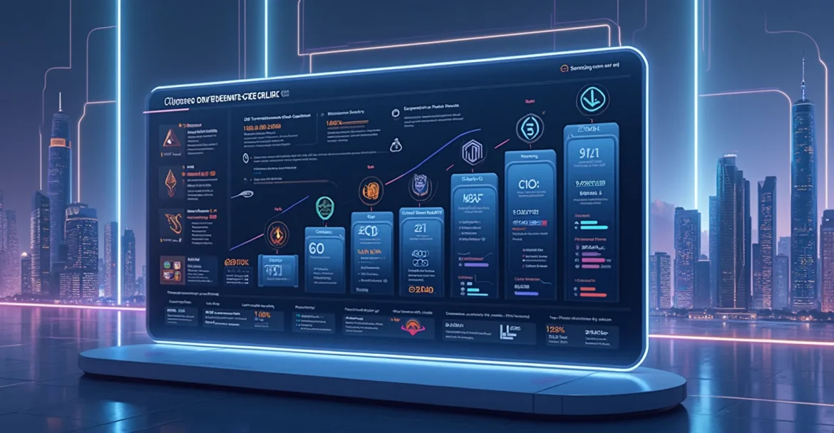 Визуализация процесса выбора криптовалюты для инвестиций с графиком популярных криптовалют.